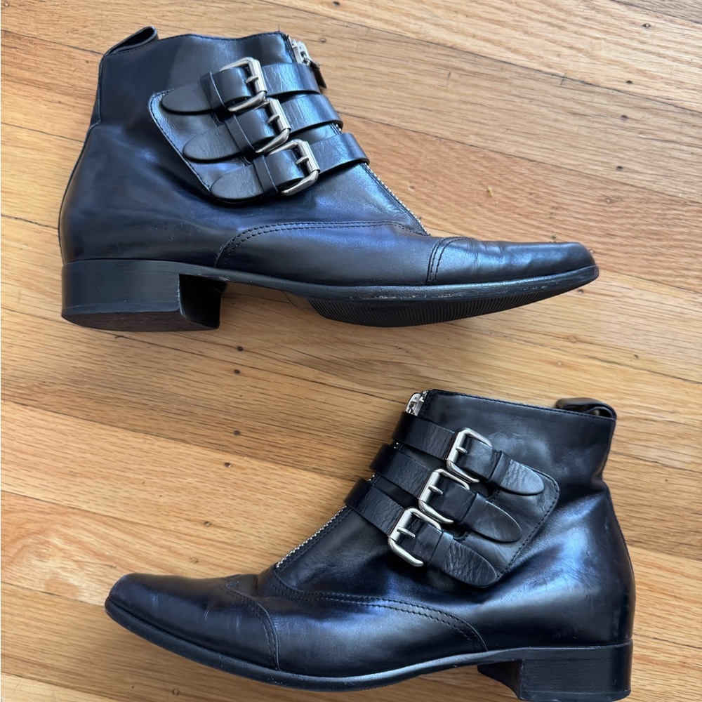 Tabitha Simmons Black Leather Ankle Boots with Buckle Straps